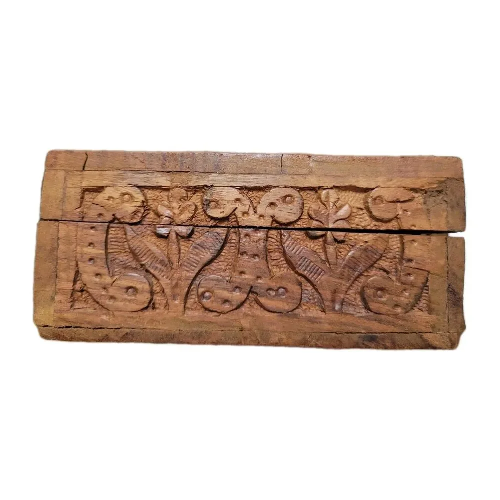 VTG PIER 1 IMPORTS HAND CARVED WOOD Jewelry Trinket Box Blue interior 6x8 Y2K